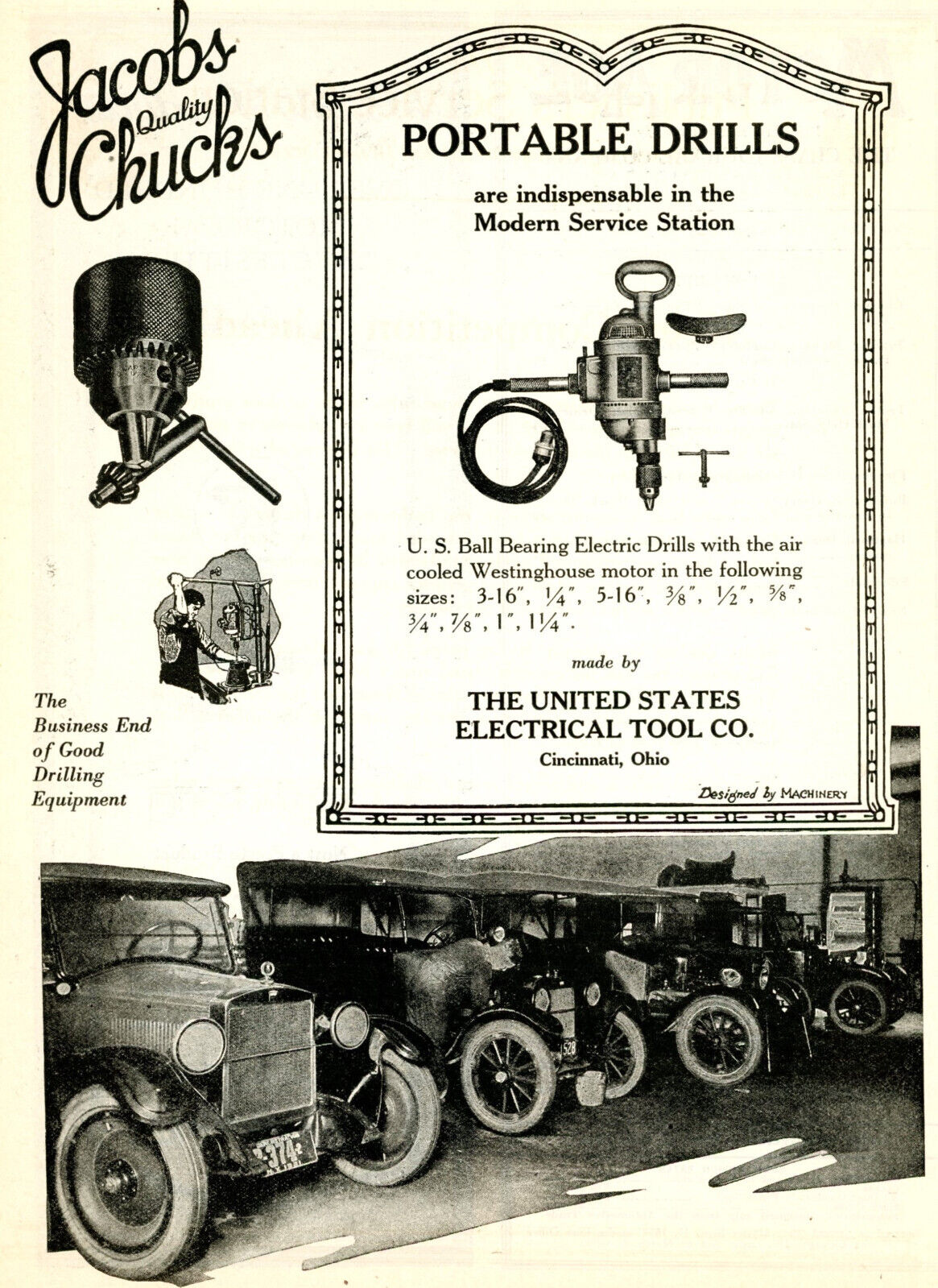 1922 Original United States Portable Drills Ad. Jacobs Chucks. Cincinnati, Ohio