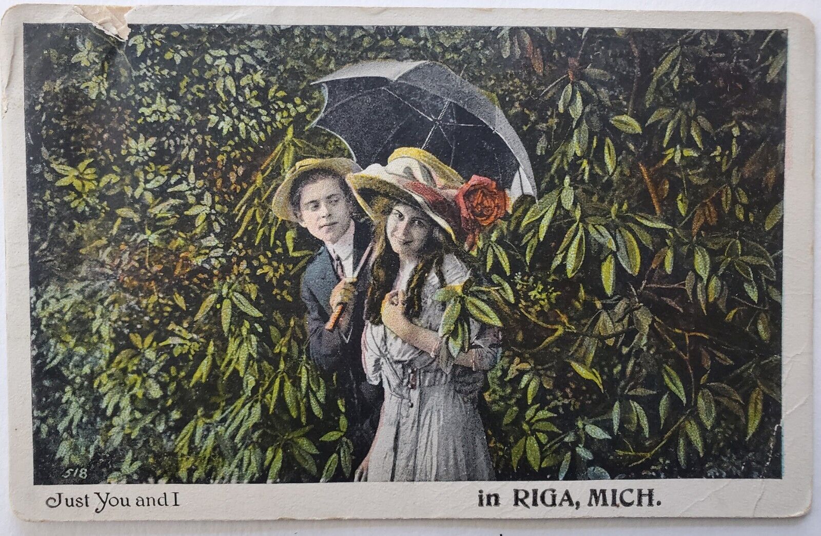 Just you & I under umbrella in Riga, Michigan Romance 1910s Antique Postcard j38