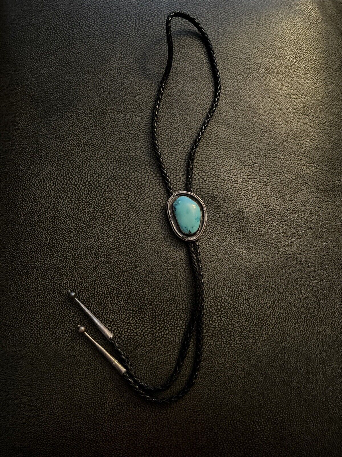 VINTAGE NATIVE AMERICAN STERLING SILVER TURQUOISE BOLO TIE Stamped By Dee Morris