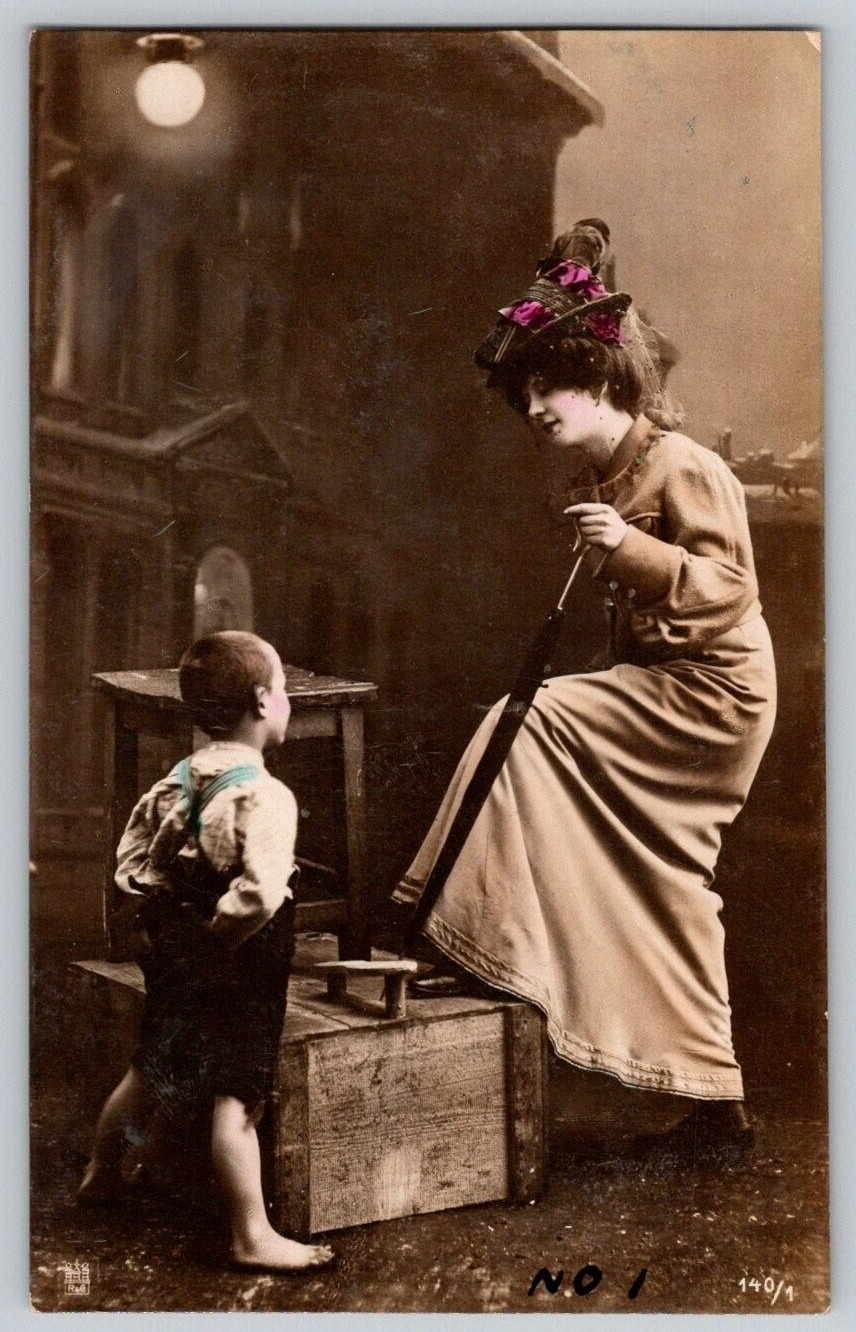 Colored RPPC Postcard~ Fancy Woman & Little Shoe Shine Boy~ Marked 1907