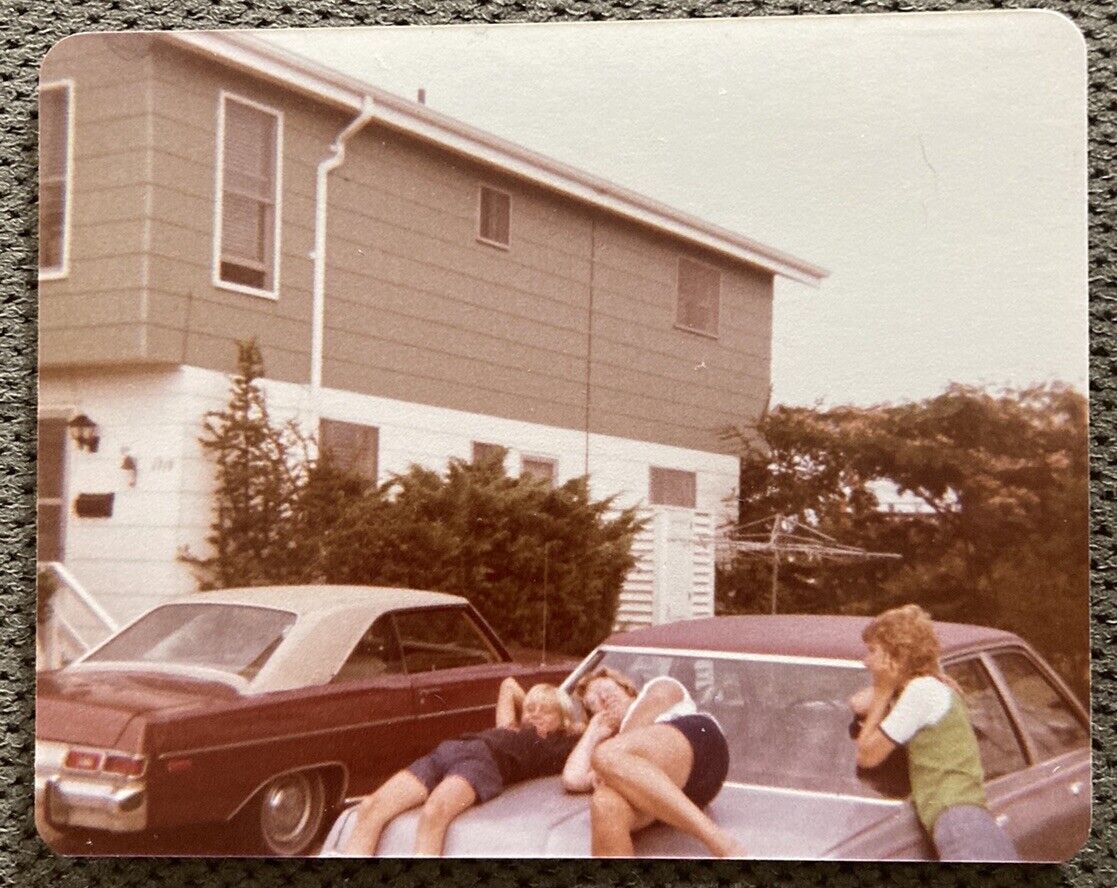 Kids Laying  on Car w/ Convertible  1979 FOUND Color PHOTOGRAPH Original OOAK