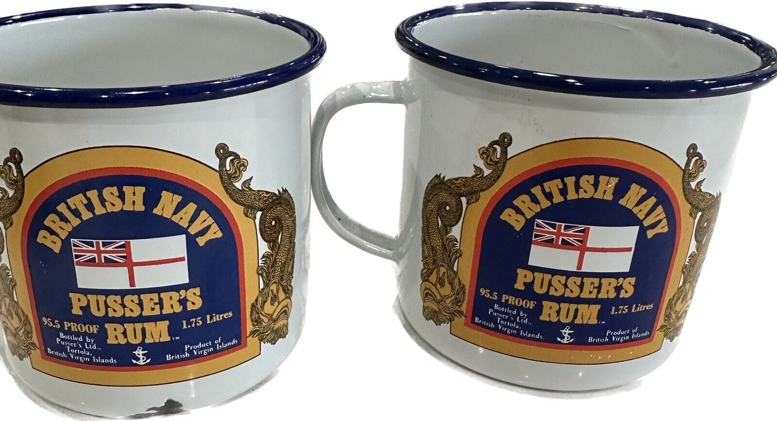 TWO VTG Pusser\'s Rum Metal Tin Mug British Royal Navy Royal Toasts And Terms