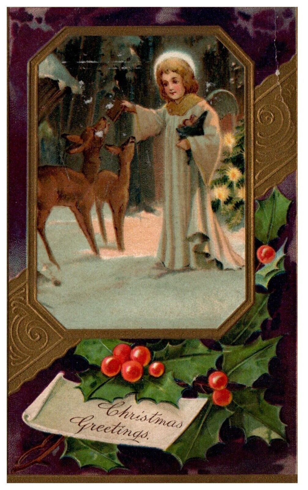 Angel Feeding Deer Christmas Greetings Embossed Antique German Postcard UNP