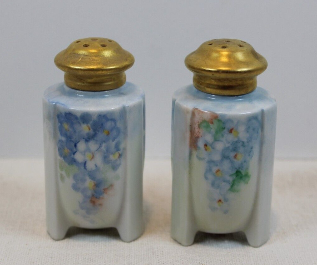 Vtg Occupied Japan Hand Painted Flowers Gold Lids Salt & Pepper Shakers Art Deco