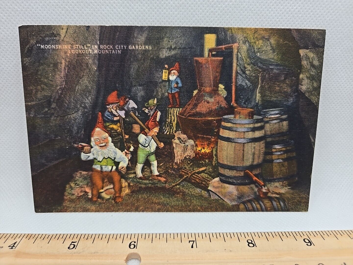 Vintage Linen Postcard Gnomes Working The Moonshine Still in Rocky City Gardens