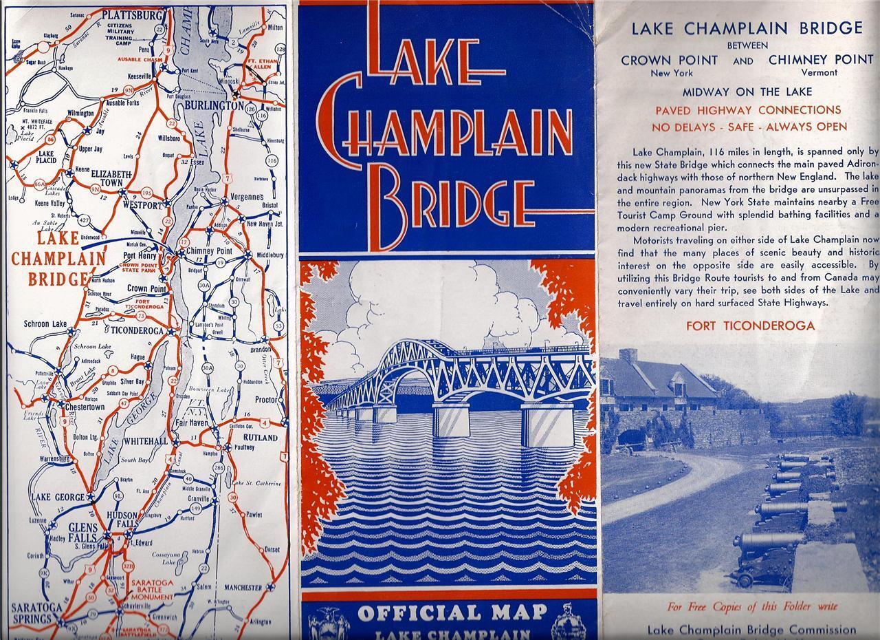 Lake Champlain Bridge, Official Map, New York, Vermont, 1930's