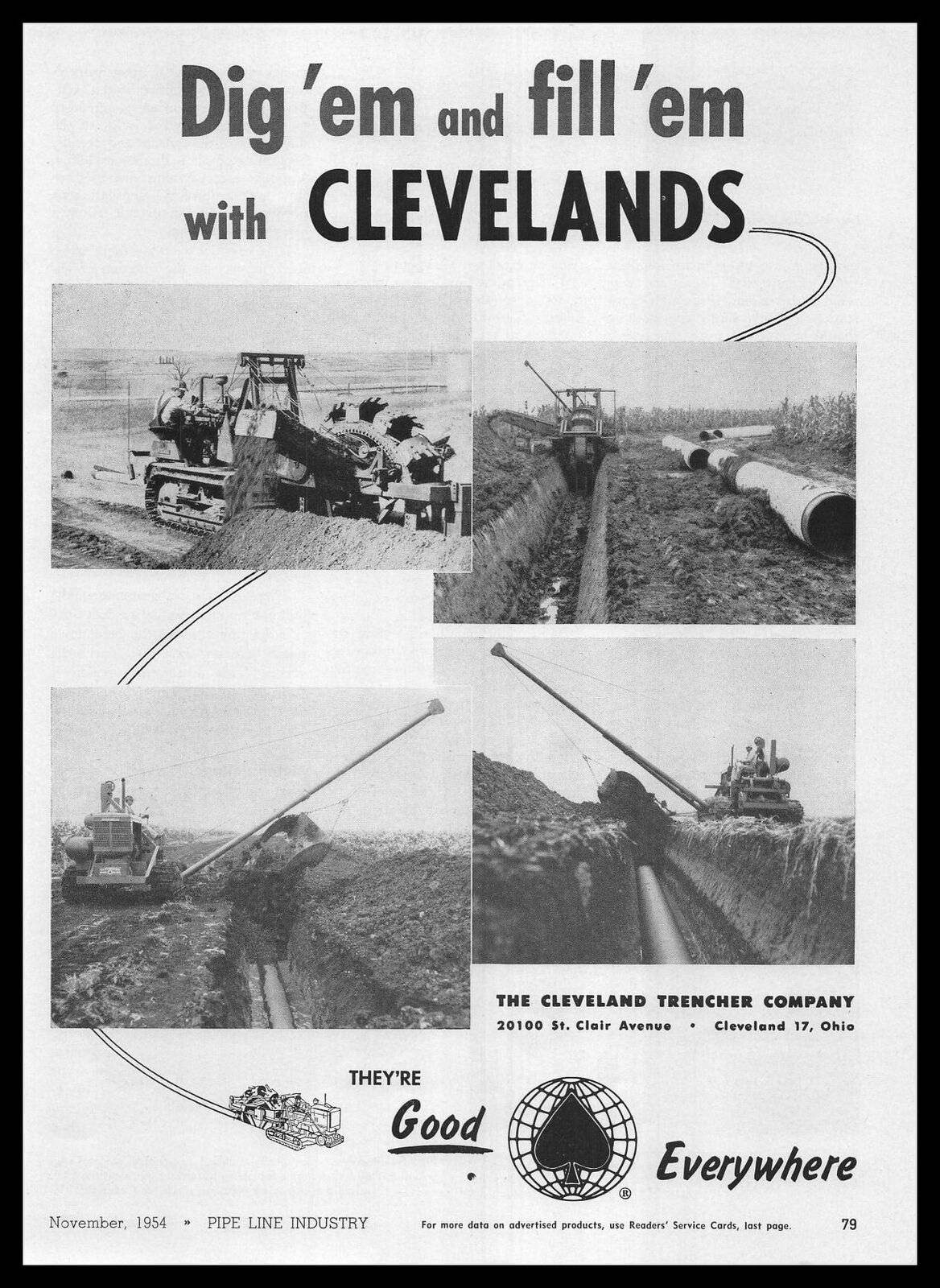 1954 Cleveland Trencher Company Pipe Line Job Site Work Photos Vintage Print Ad