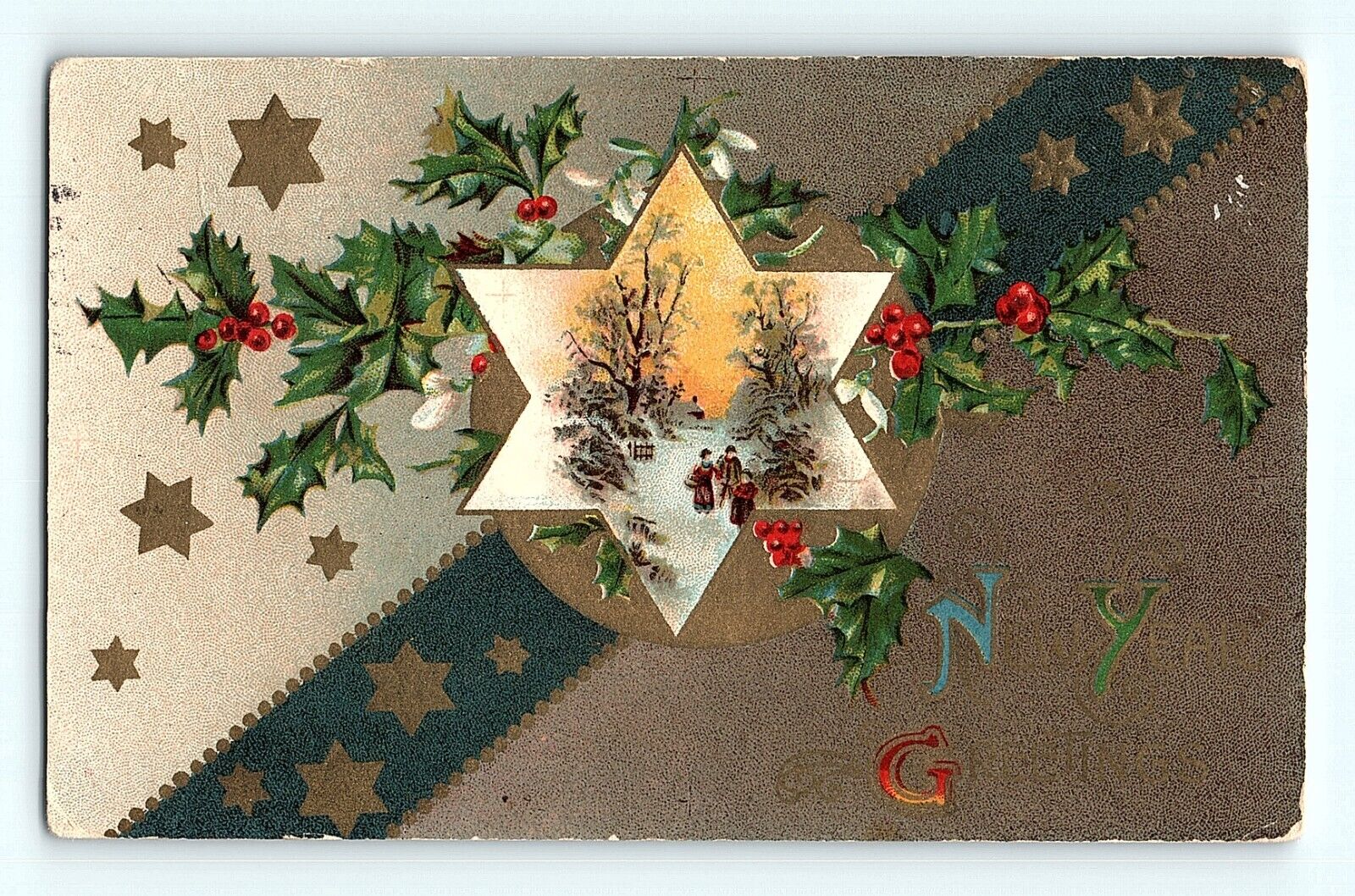 Poinsettia Stars A Walk in the Snow New Year Greetings Tuck Vintage Postcard E5