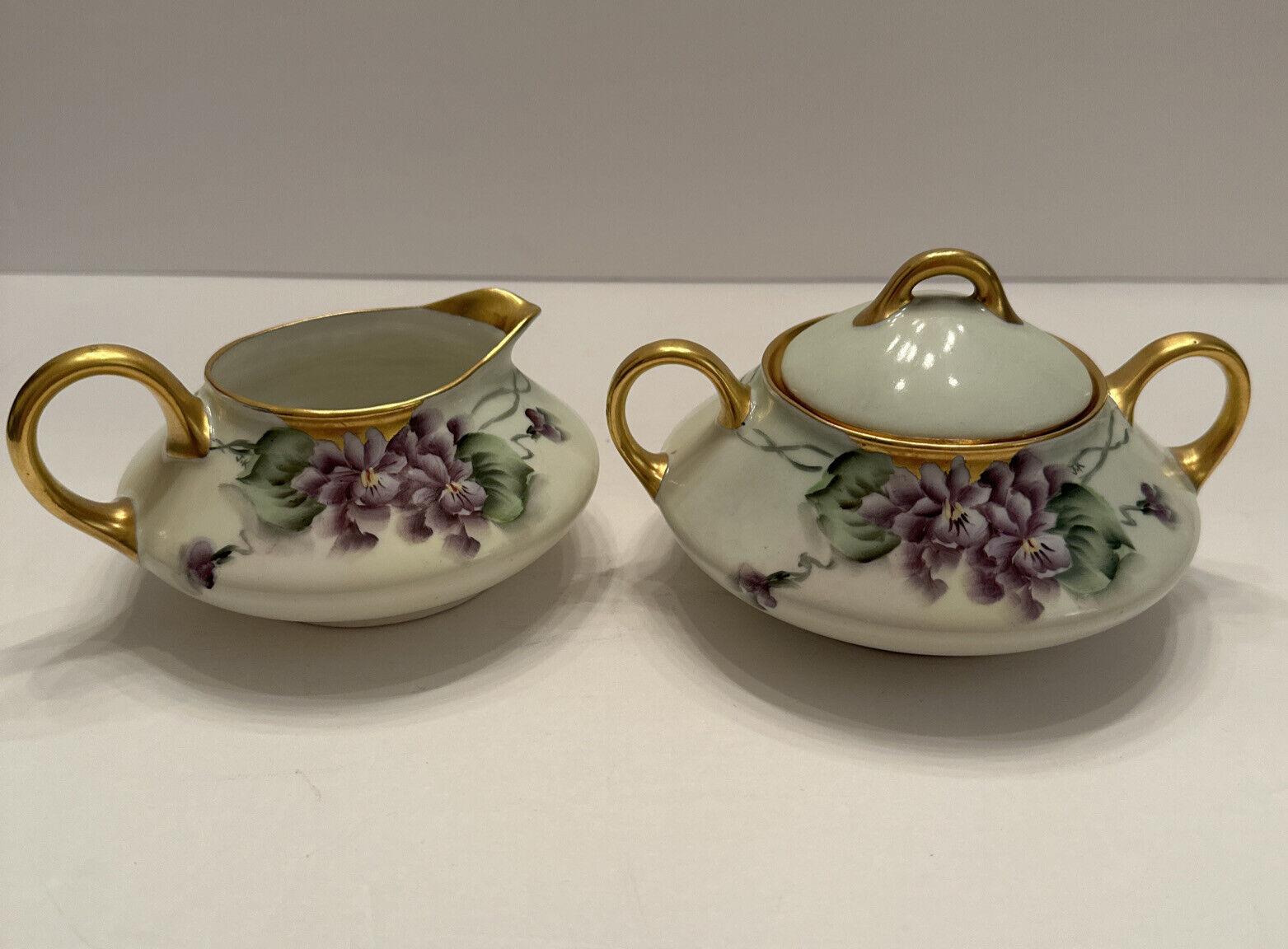 Antique J&C BAVARIA Creamer and Sugar Bowl W/lid Hand painted Violets Gold Trim