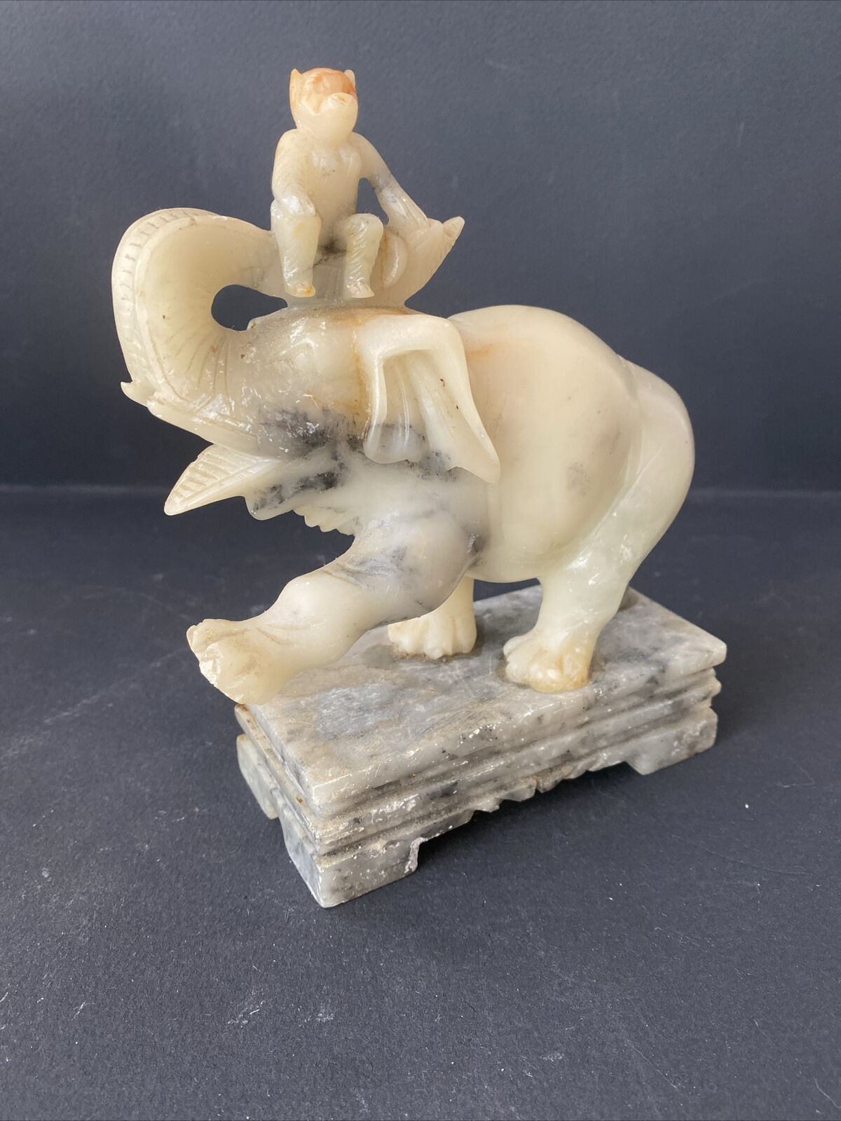 Vintage Stone Carved Elephant With Creature On Head. Chinese Jade, Marble? 