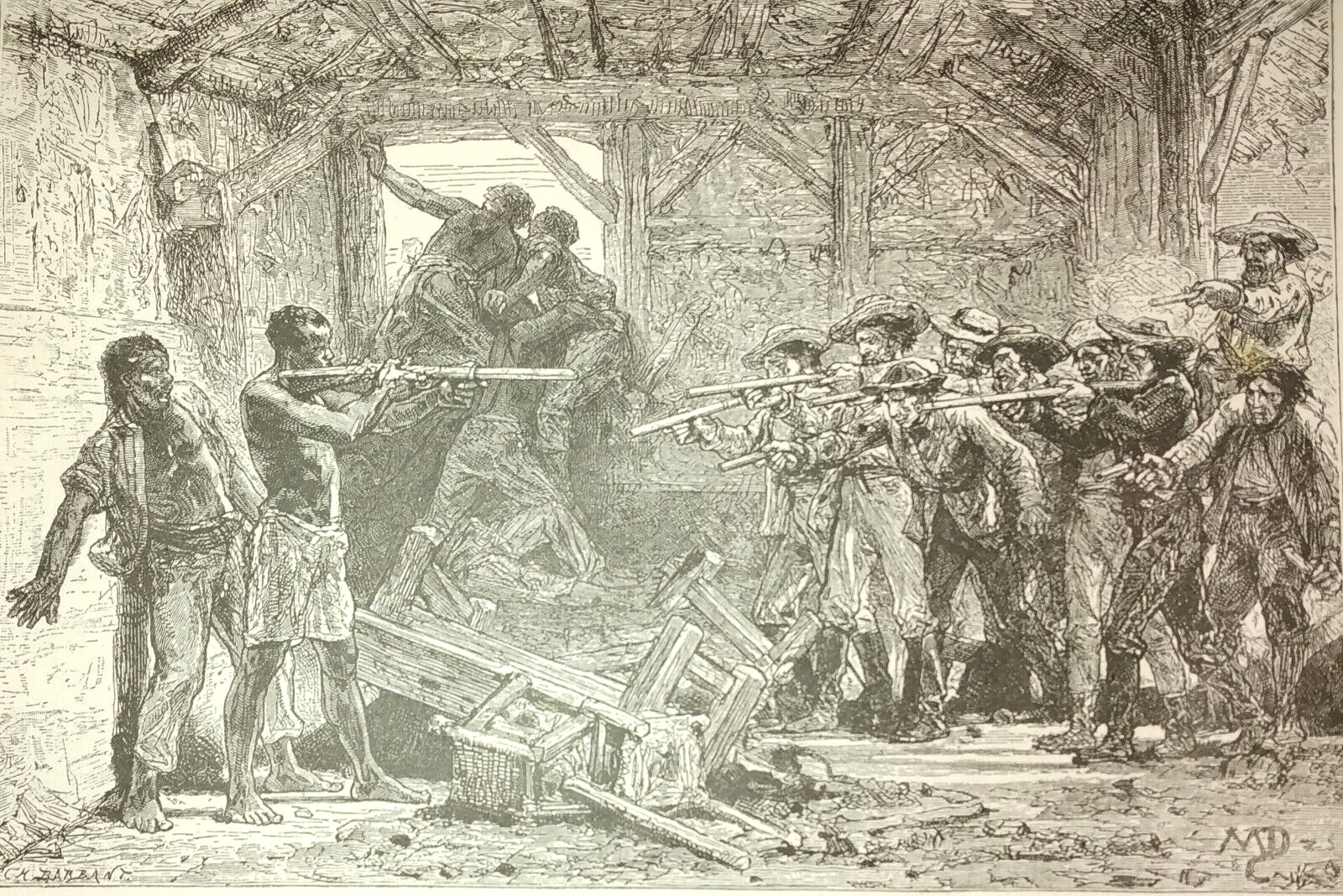 1870 French Engraving of an Armed Slave Standing off a Mob ~ \