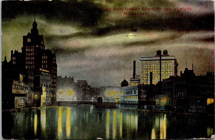 Postcard Riverfront from Oneida St. Bridge at Night Milwaukee Wisconsin WI  O633