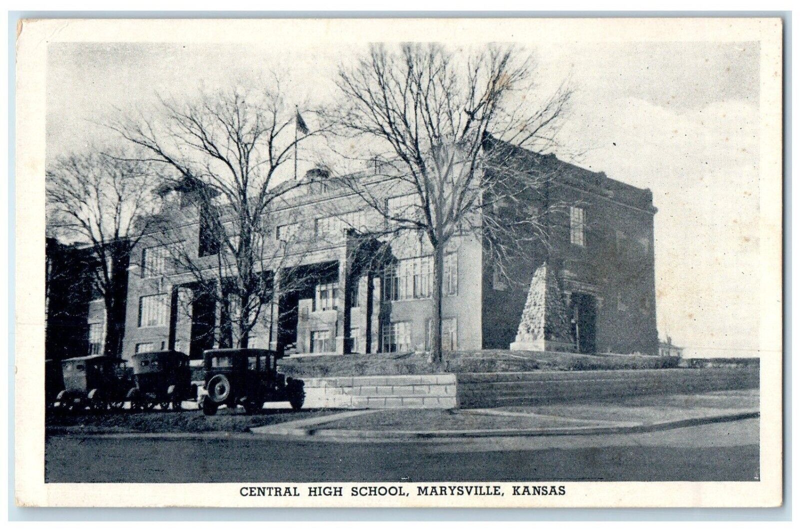 c1930's Central High School Building Cars Marysville Kansas KS Vintage Postcard