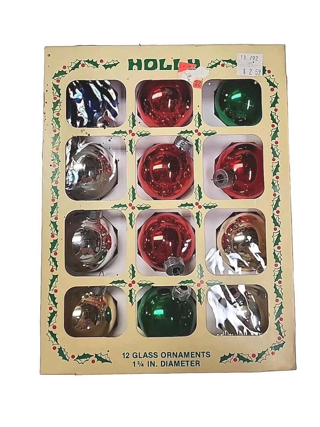 Vintage Holly Glass Christmas Ornaments Set of 12 in Original Vintage Box
