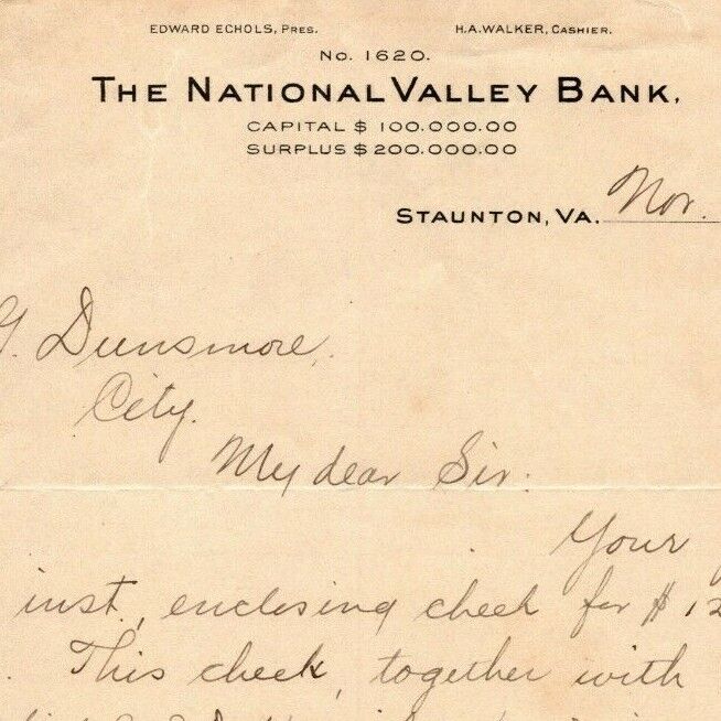 1906 Scarce National Valley Bank Staunton, VA Letterhead Billhead