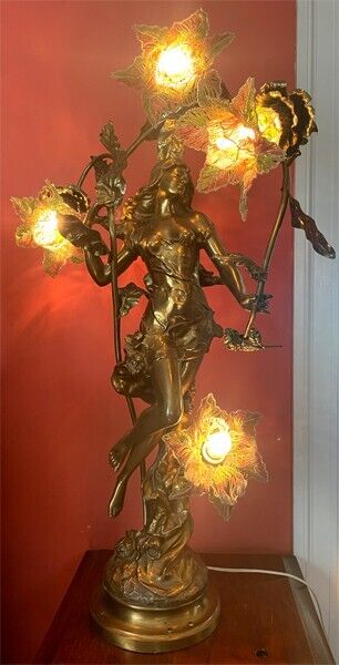Superb Antique Art Nouveau Figural Newel Post Lamp