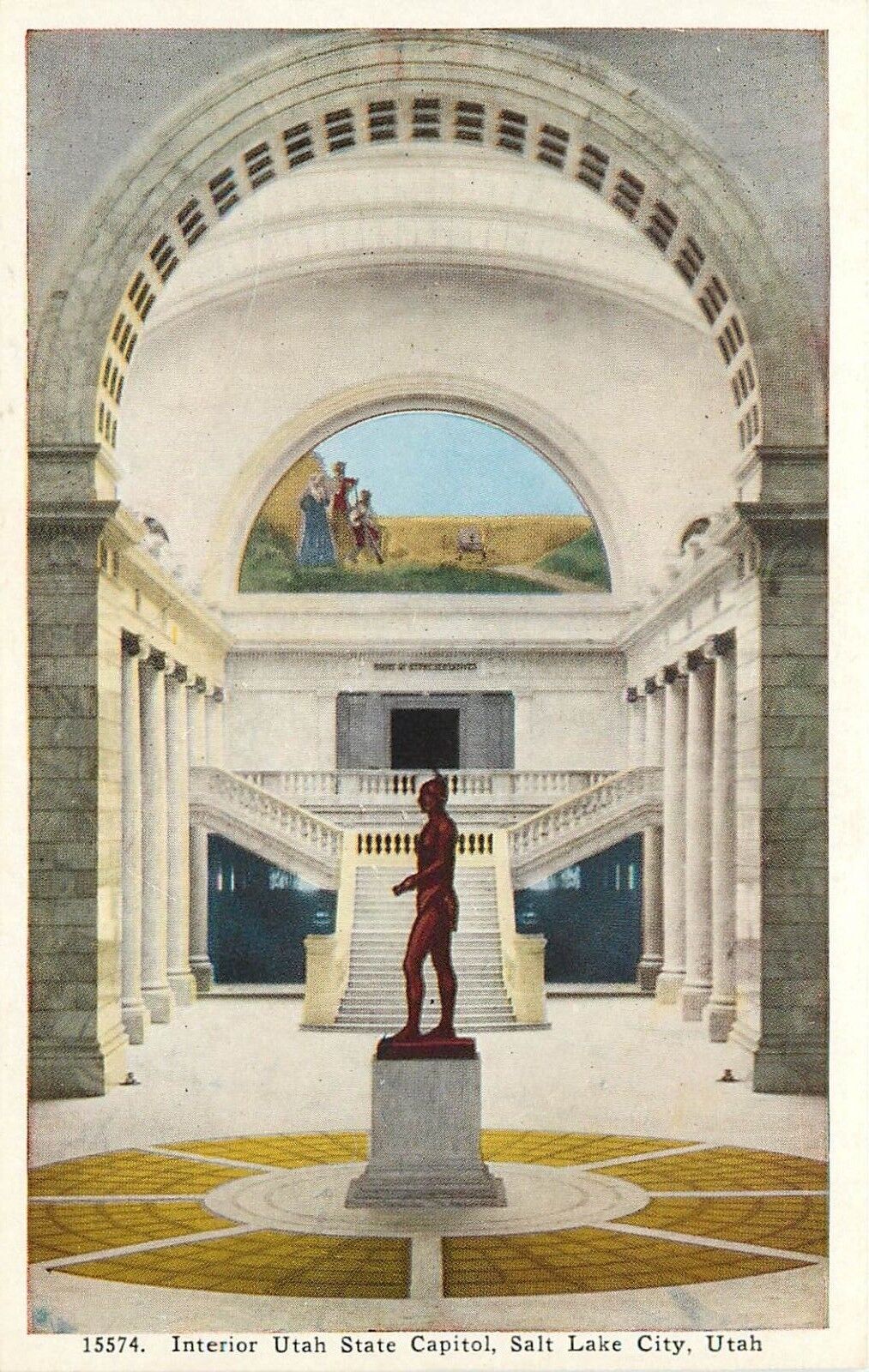 WB UT Postcard D678 Interior Utah State Capitol Salt Lake City Statue Stairs 
