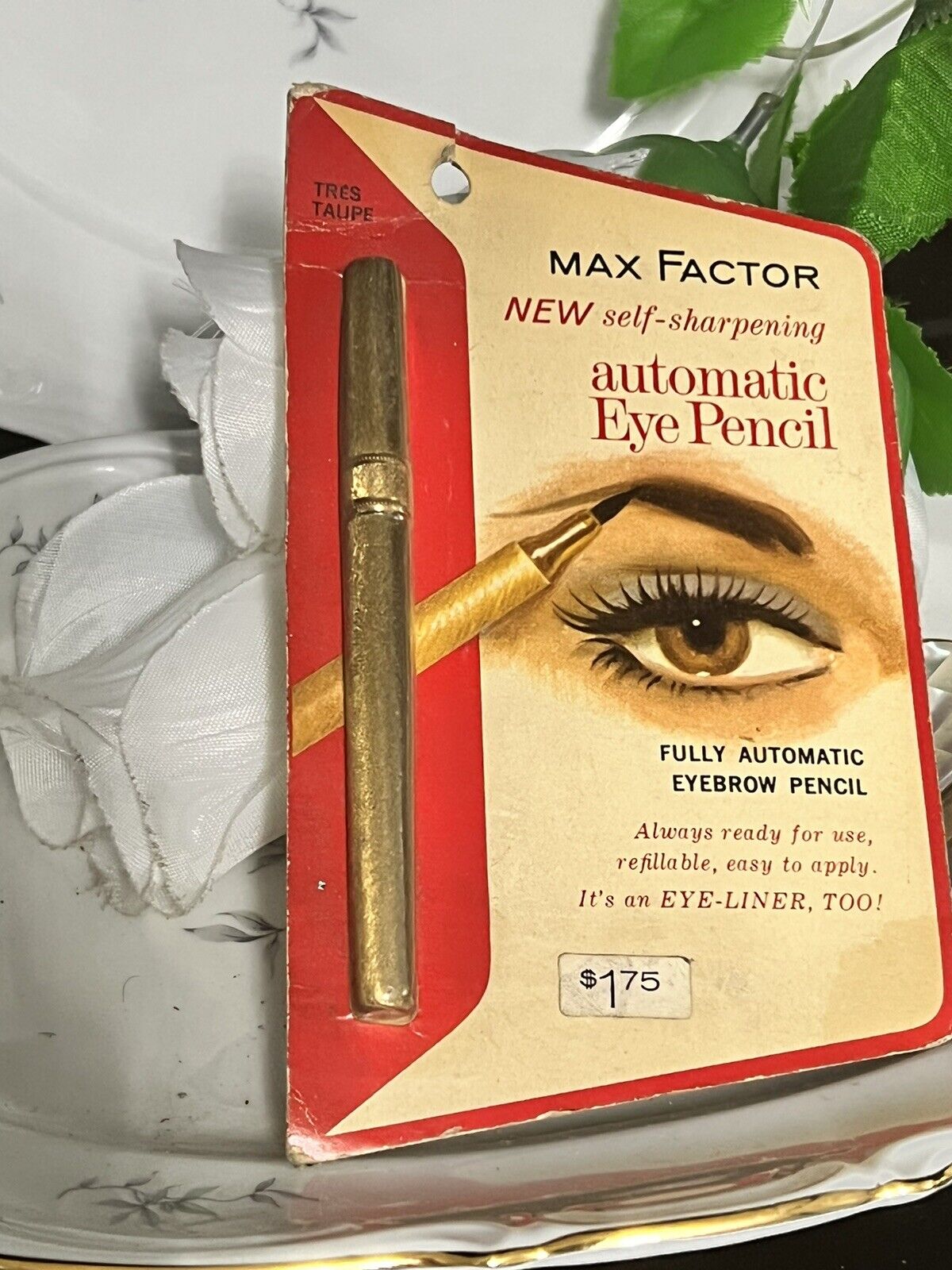 VINTAGE MAX FACTOR HOLLYWOOD GOLD METAL AUTOMATIC EYE PENCIL TRES TAUPE  NEW