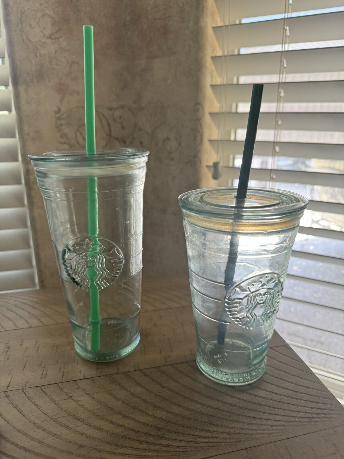 2 Starbucks Recycled Glass 16oz & 20oz. Including Lids & Straws. Made In Spain.
