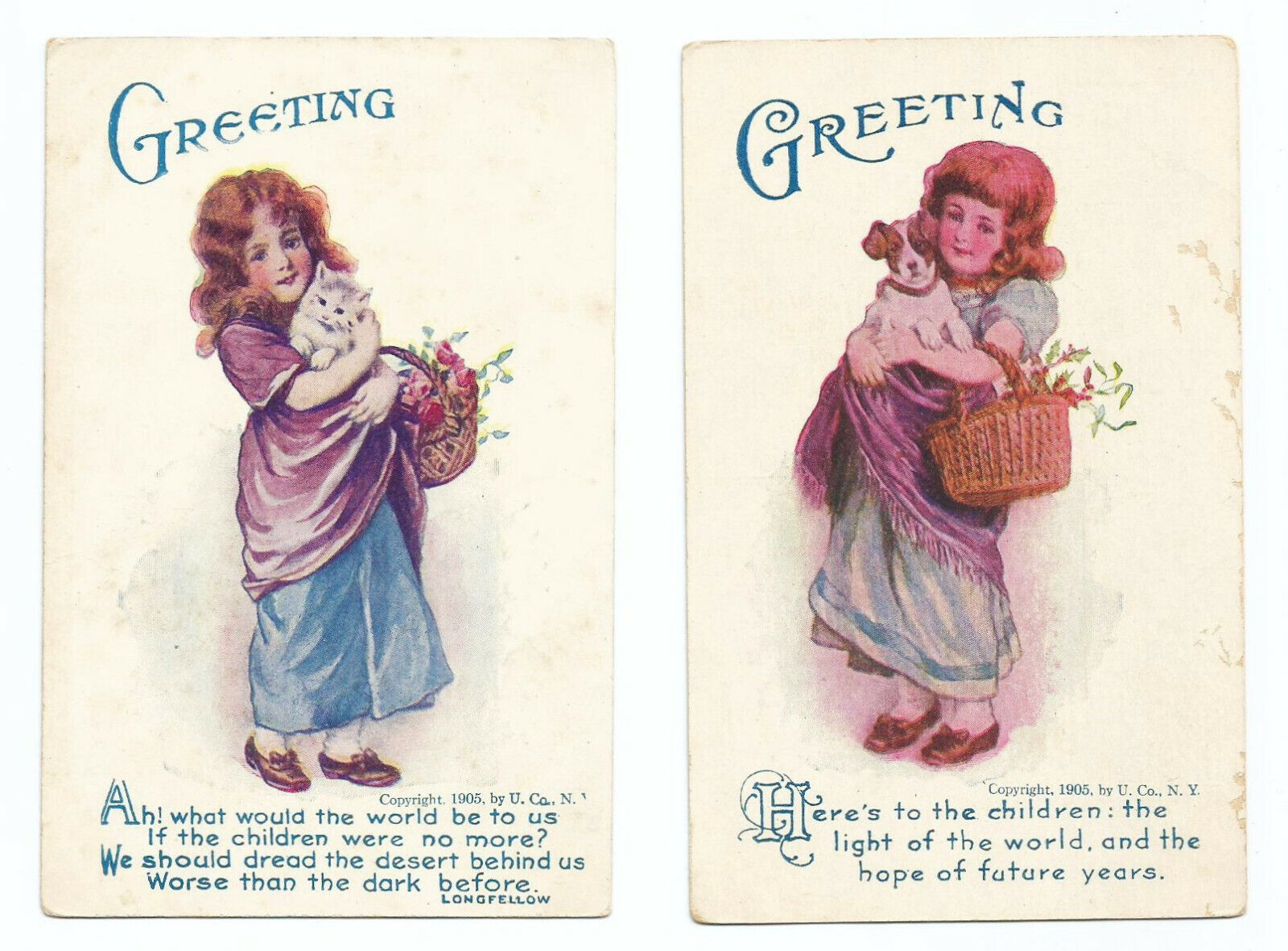2 Greetings Postcards c1905 Girl Cat Dog