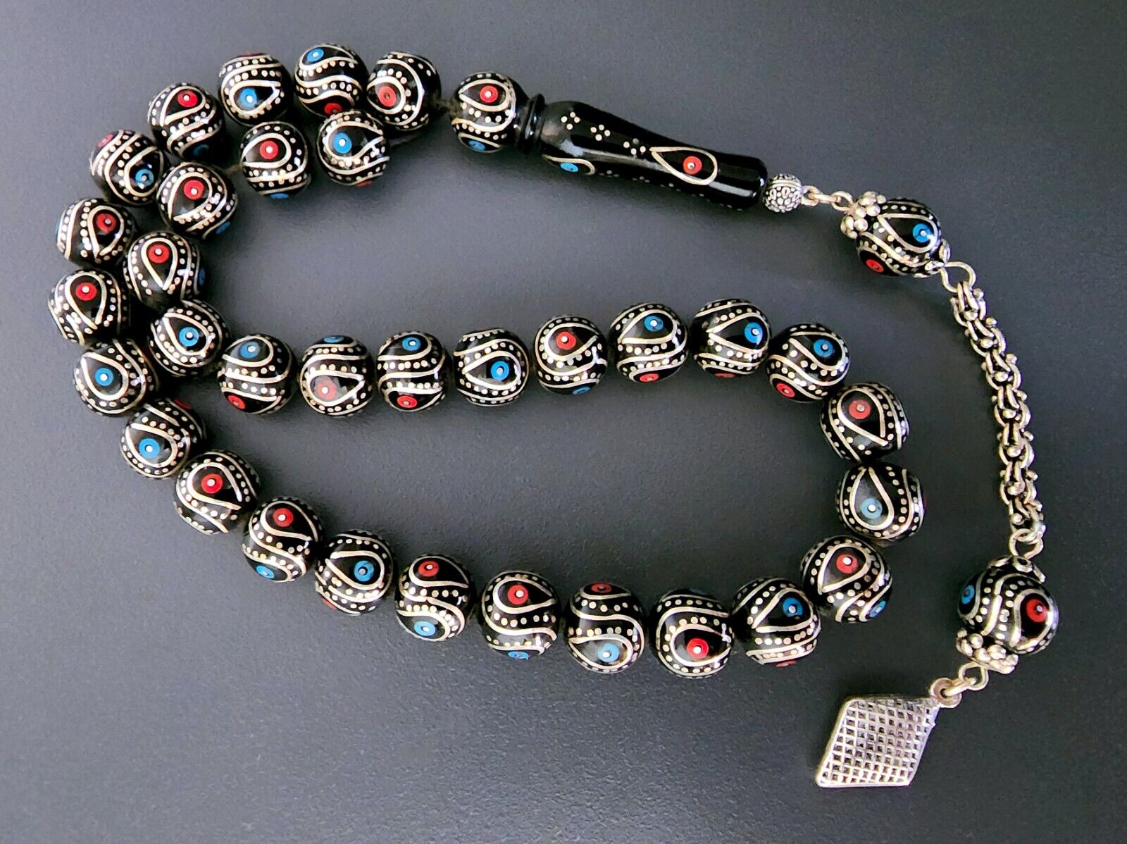 Original Erzurum Oltu, Turquoise, Red Coral and 1000K Silver Inlay Prayer Beads