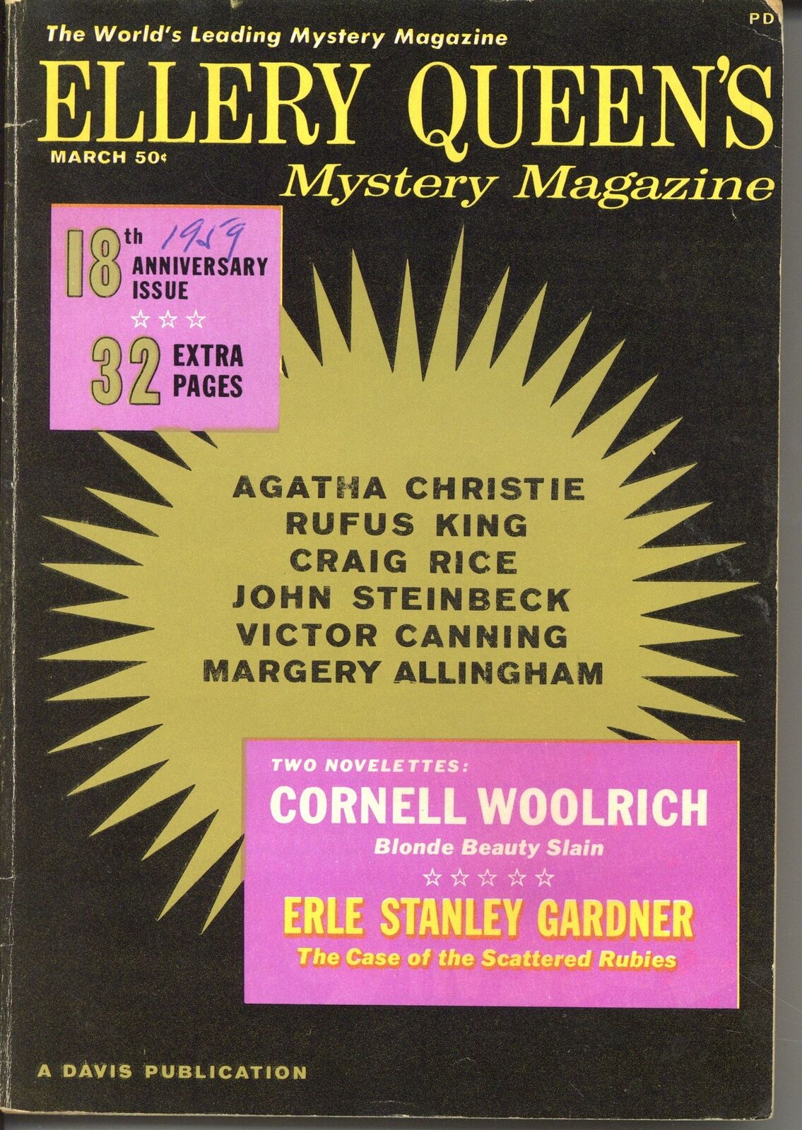 Ellery Queen\'s Mystery Magazine Vol. 33 #3 VG 1959 Low Grade