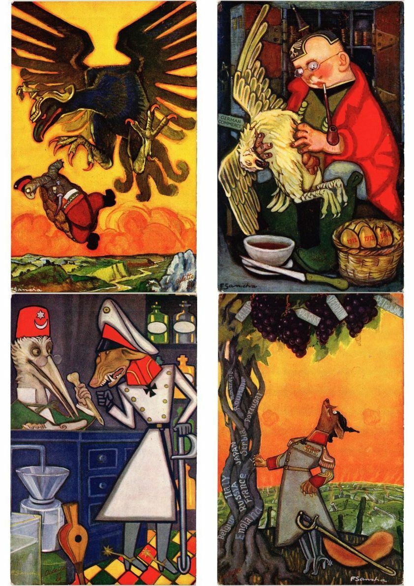 F.SANCHA ARTIST SIGNED SATIRE PROPAGANDA ANIMALS WWI 6 Vintage Postcard (L2608)