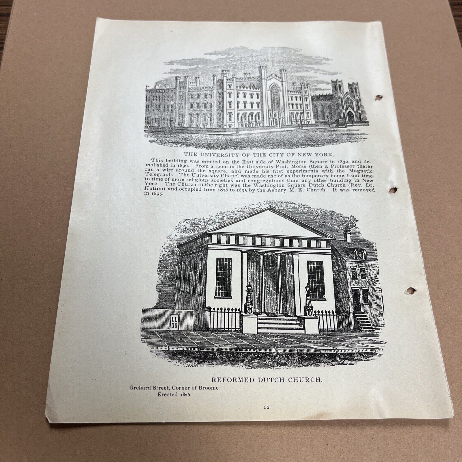 Antique Paper: University of the City of New York Chapel & Reformed Dutch Church