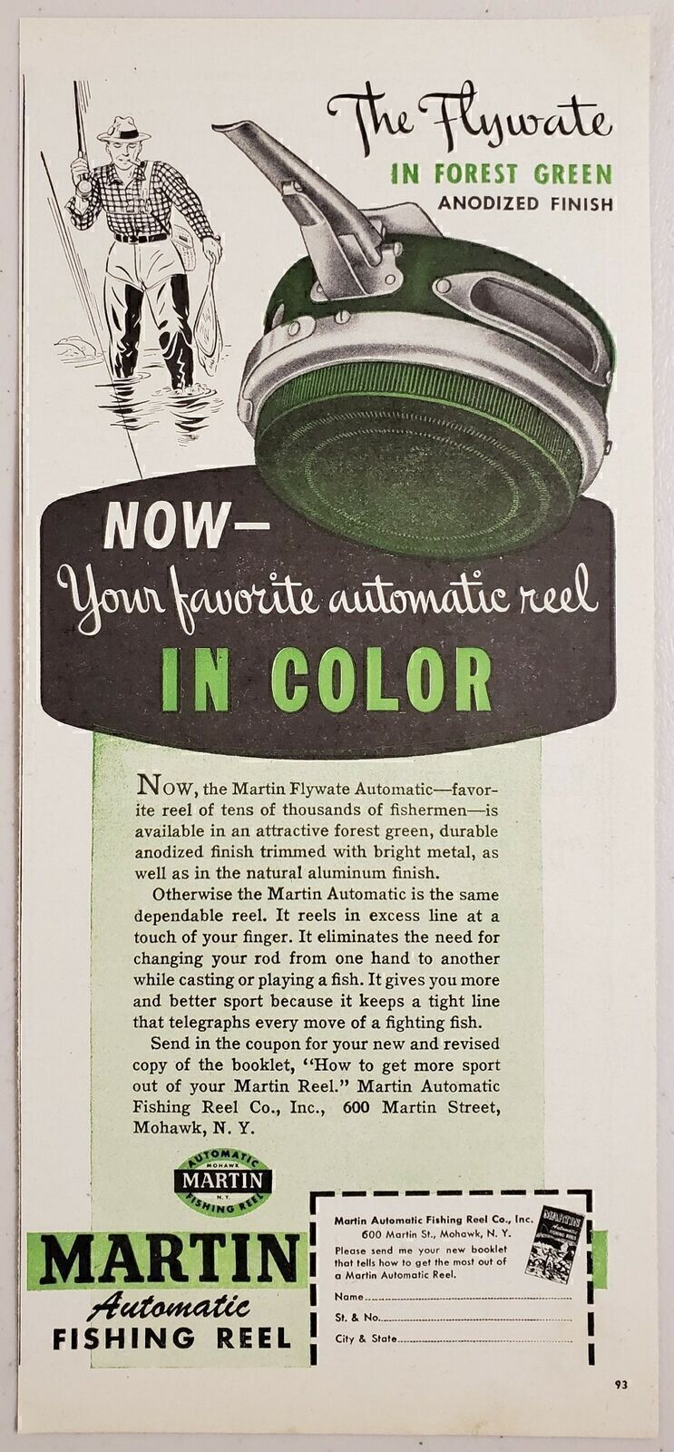 1947 Print Ad Martin The Flywate Automatic Fly Fishing Reels Mohawk,New York