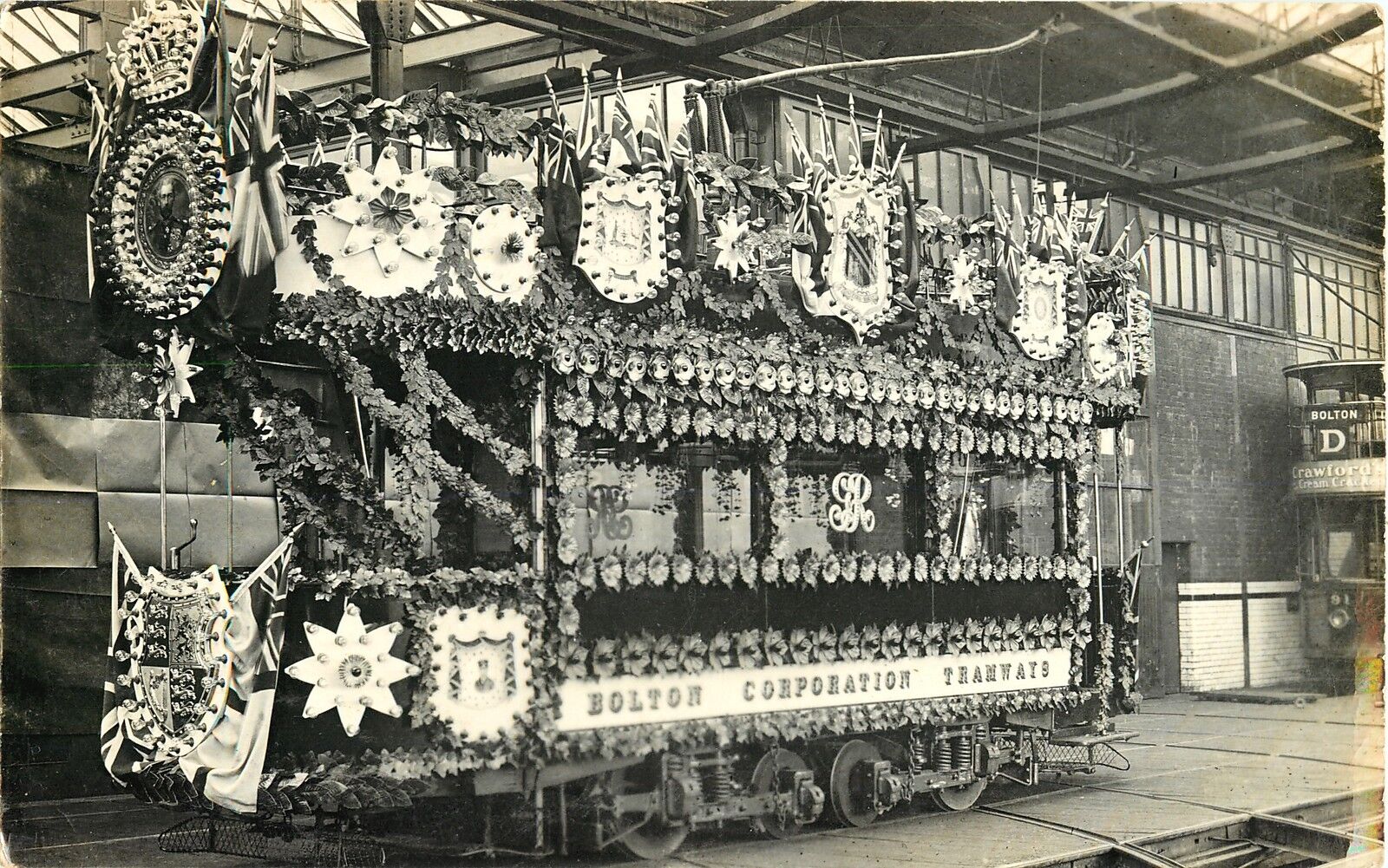 Decorated Trolley Car, Bolton Corporation Tramways, Bolton Manchester UK RPPC