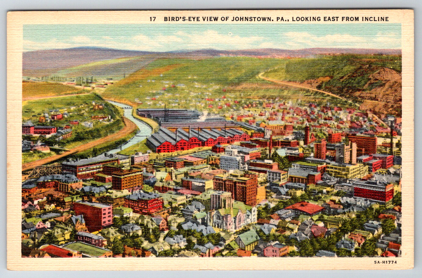 c1940s Linen Bird's Eye View Johnstown PA Vintage Postcard