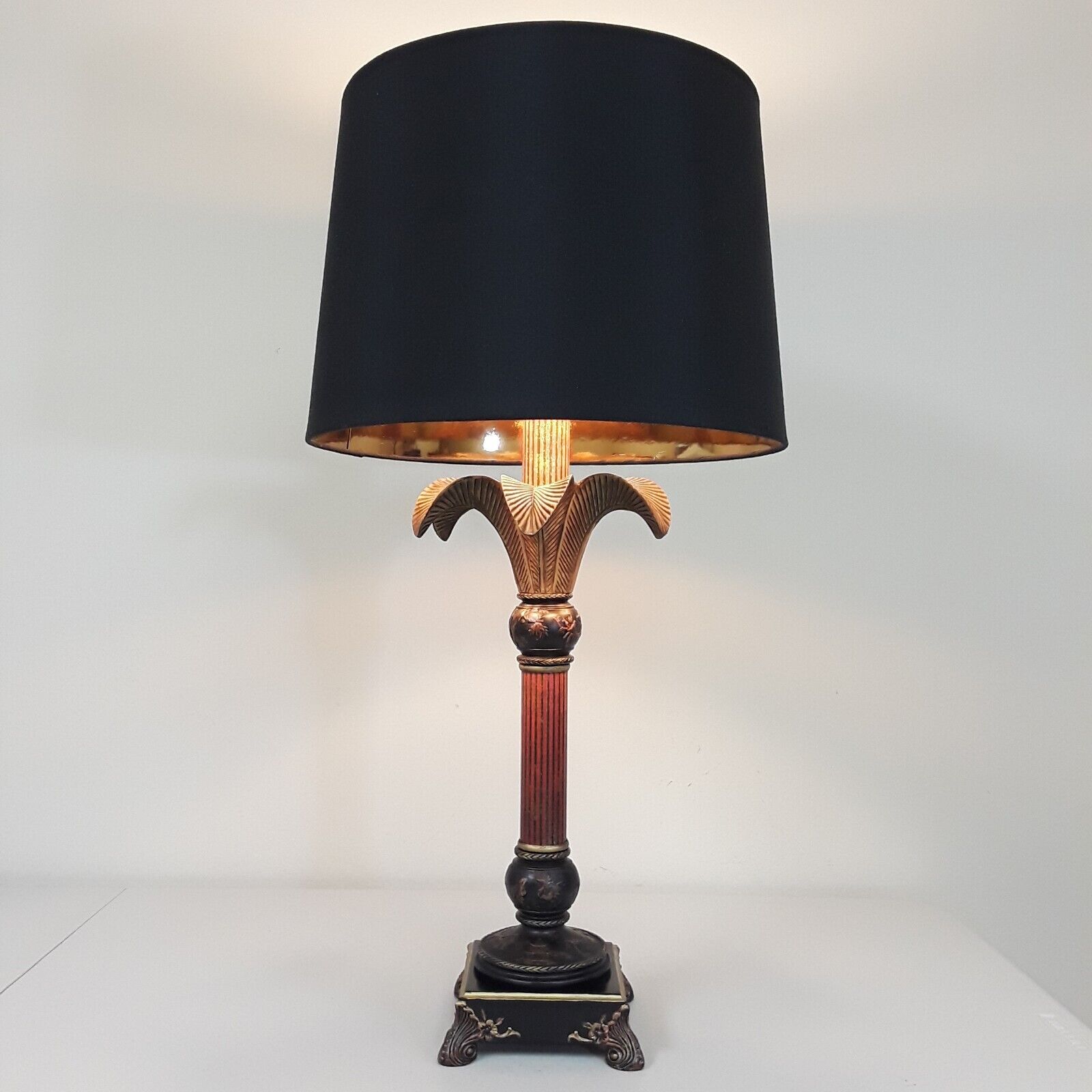 VTG Asian Table Lamp Retro Palm Tree Boho Tiki Gold & Black Chinoiserie 