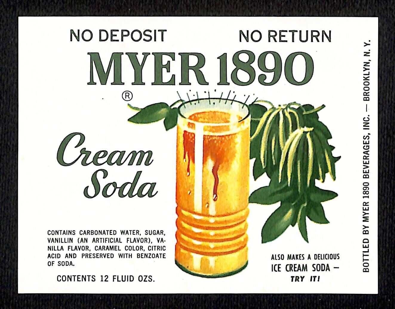 Myer 1890 Cream Soda Brooklyn Paper Soda Label c1960 Scarce VGC