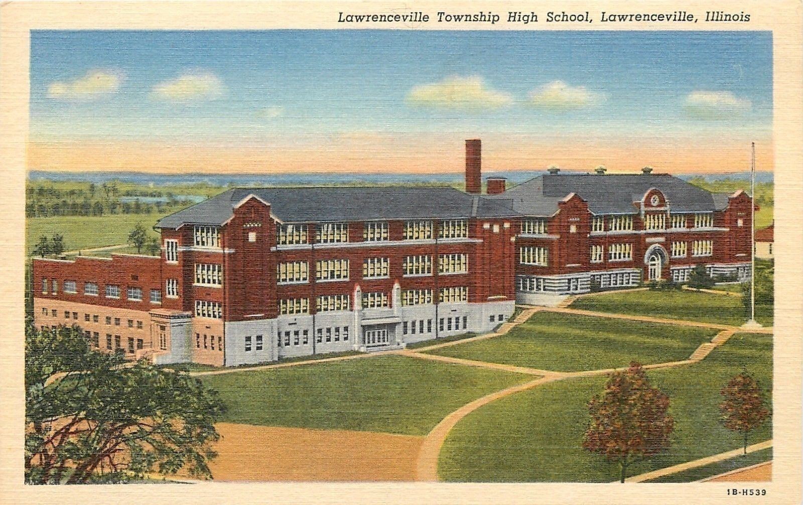 Lawrenceville Illinois~Township High School~Terraced Lawn~Flagpole~1941 Linen PC