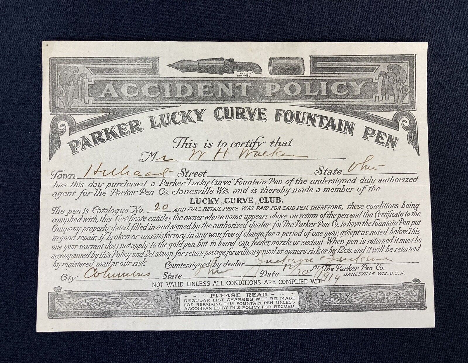 Vtg Parker Lucky Curve Fountain Pen Accident Policy Paperwork 1914 Rare HTF
