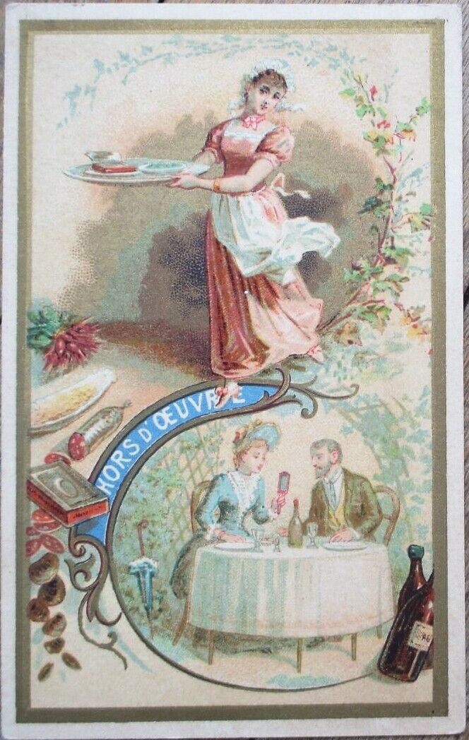 Chicoree d\'Alsace 1880s French Victorian Trade Card, Woman Serving Hors d\'Oeuvre