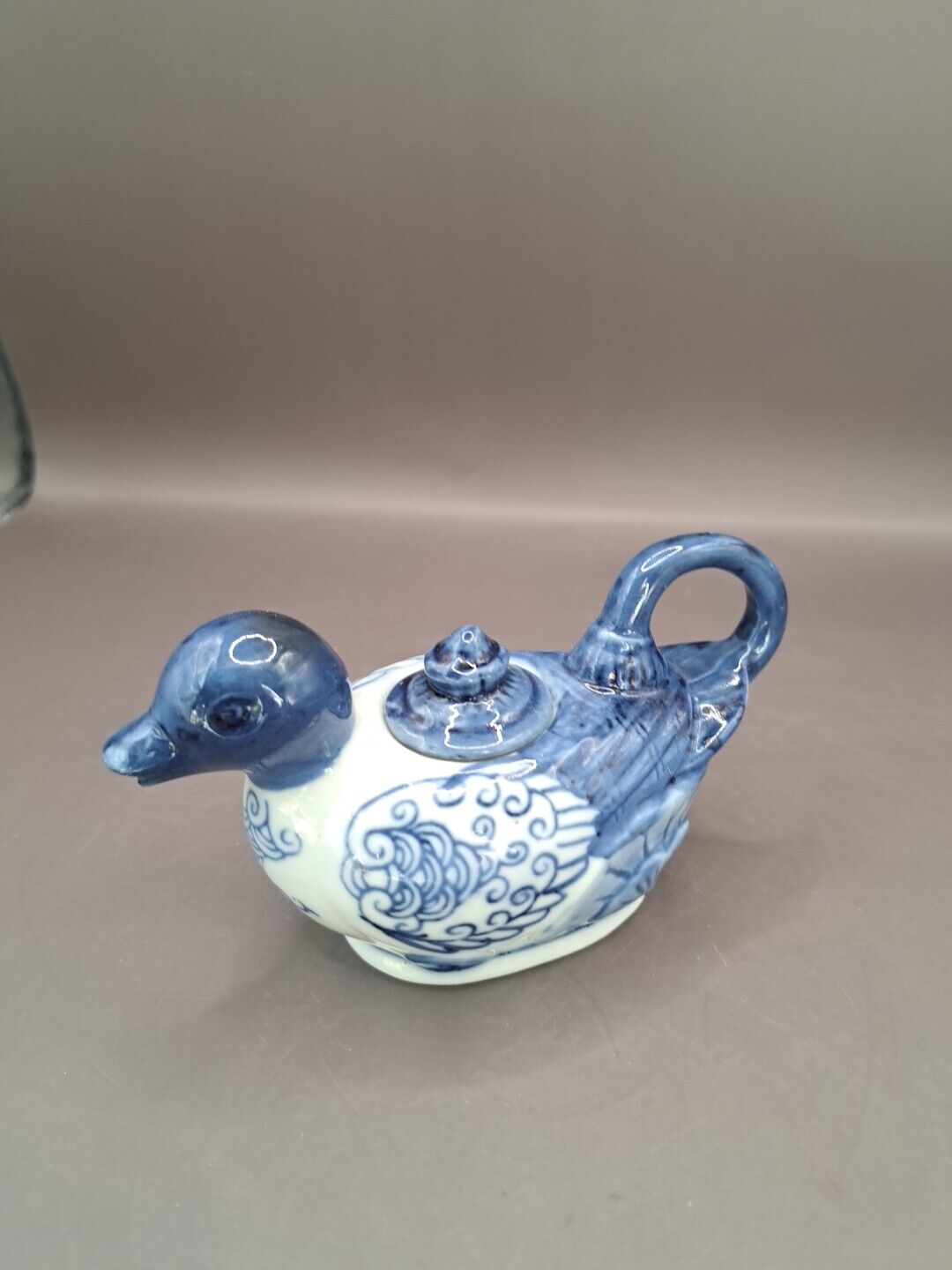 Vintage Small Blue & White Porcelain Duck Creamer With Lid GUC