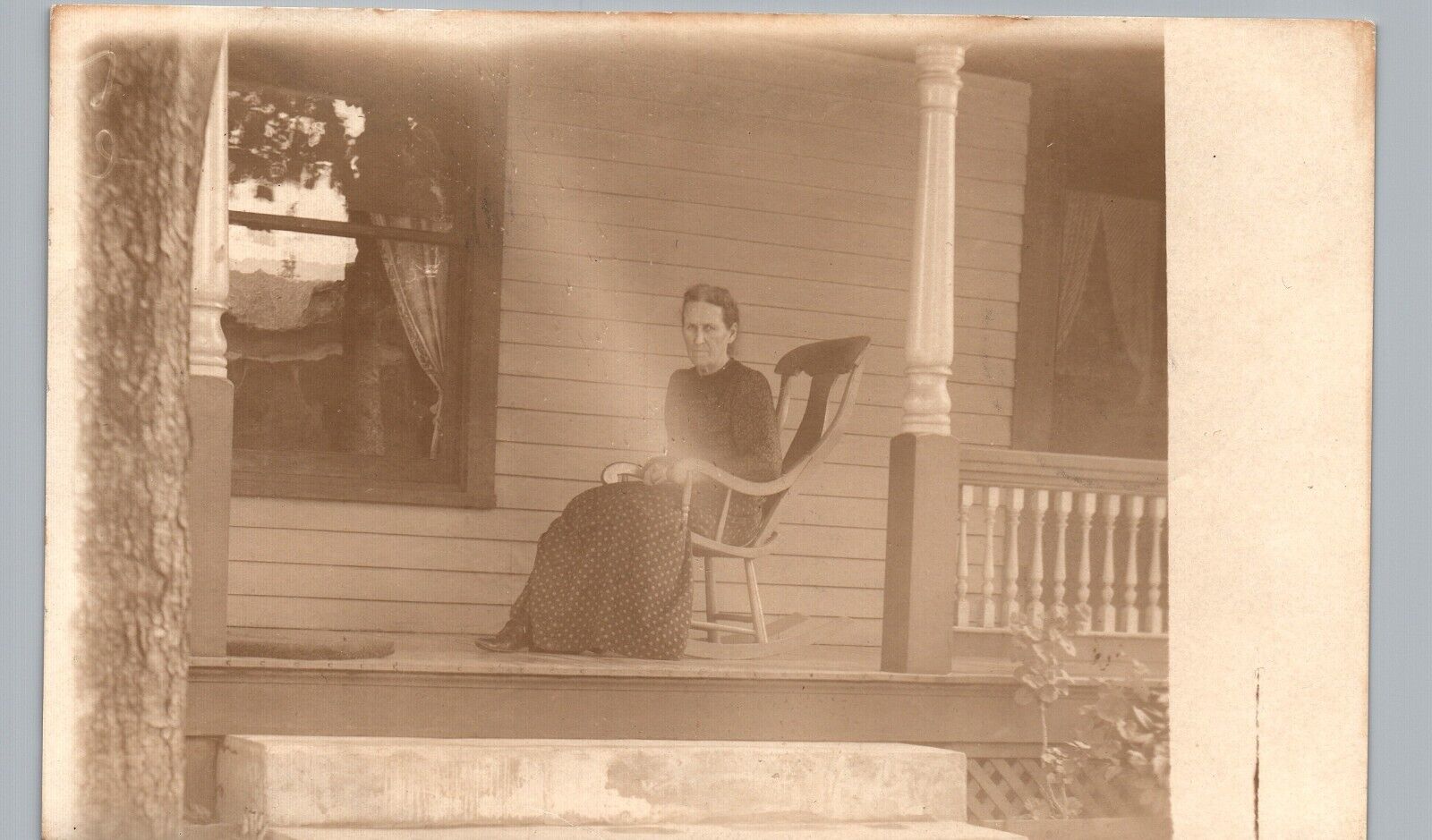OLD WOMAN PORCH CHAIR troy oh real-photo postcard rppc ohio history ~exact spot