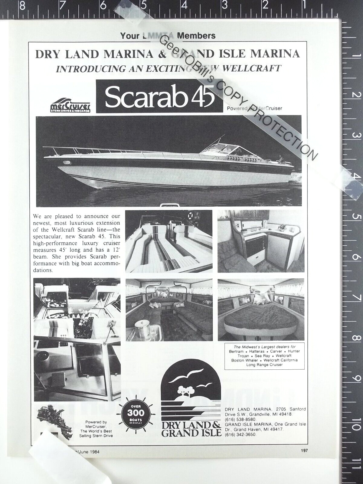 1984 ADVERTISING for Dry Land Grand Isle Marina, Wellcraft Scarab 45 power boat