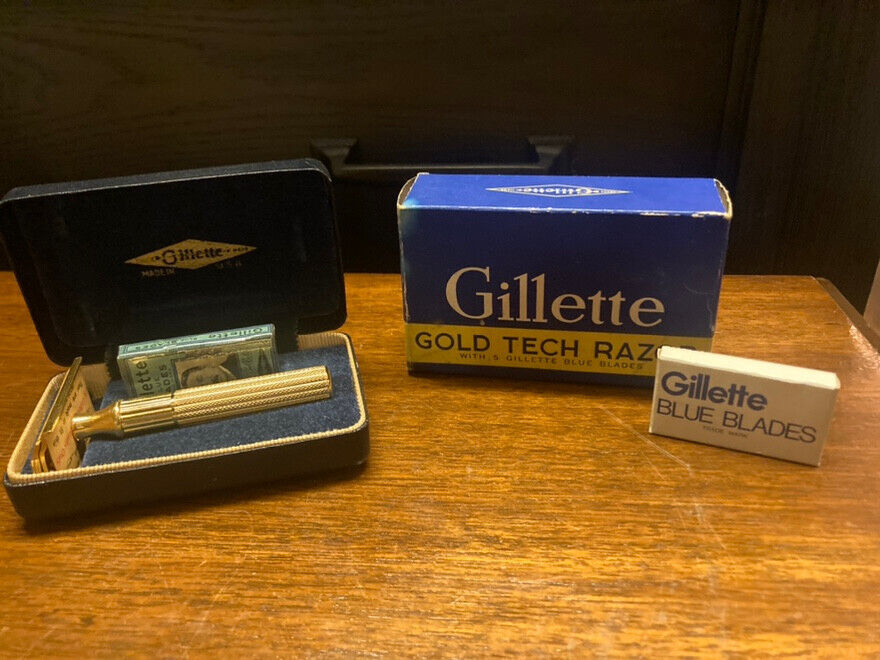 Vintage 40’s Gillette Gold Tech Razor EXC Cond Box & Unopened Gillette x2 Blades