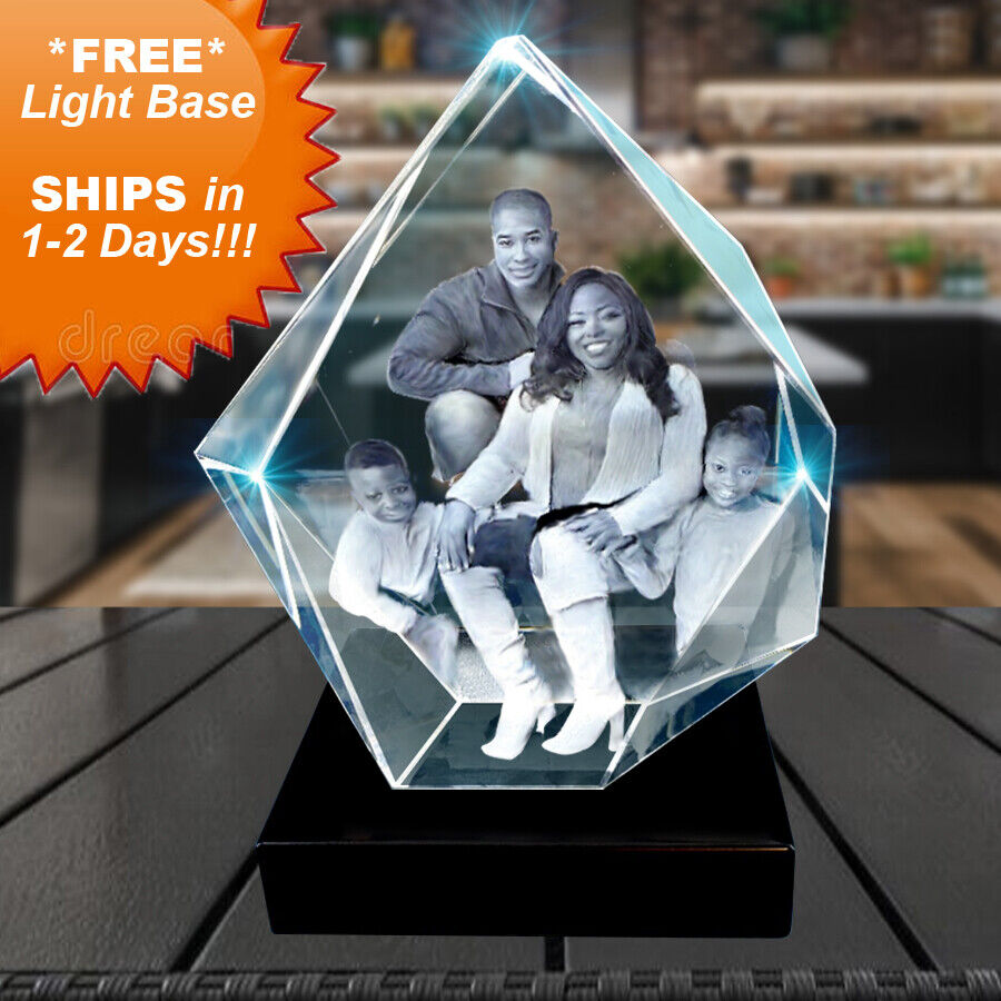 3D Crystal Iceberg w/Light Base, Personalized Engraved Custom Glass Etched Photo