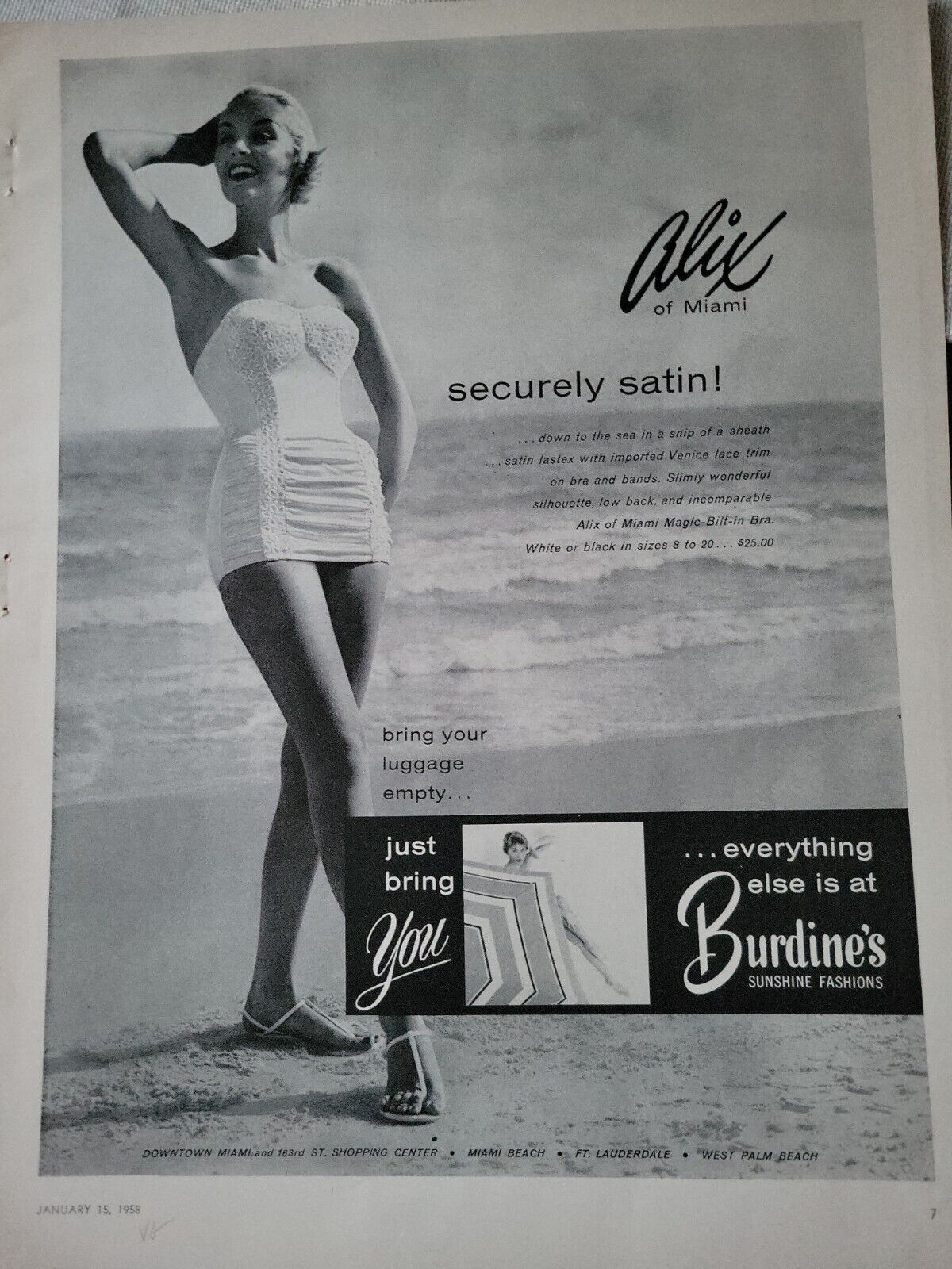 1958 womens Alix of Miami satin swimsuit Burdine\'s vintage fashion ad