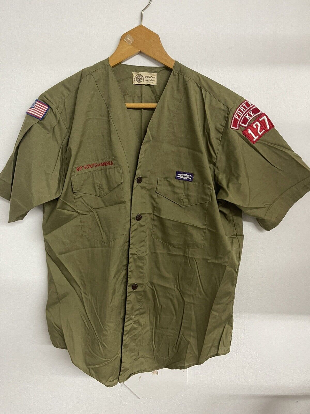 Vintage Boy Scouts Of America BSA Khaki Green Shirt w/ Patches 70s Fort Knox 127