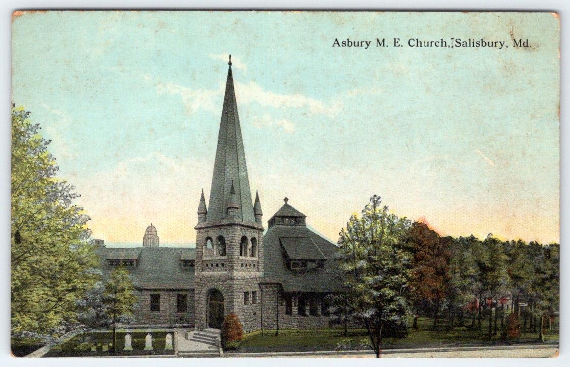 1913 SALISBURY MARYLAND ASBURY M E CHURCH POSTCARD*TO DELMAR DELAWARE*LAYFIELD