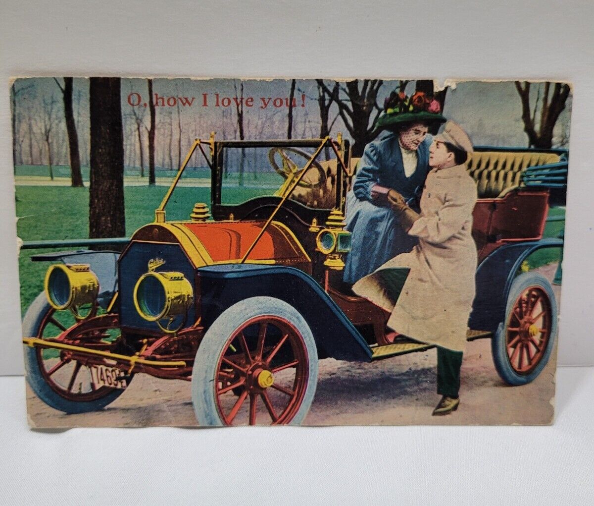 Vintage Used Rare Postcard 1909 Pre-World War I, Soldier & Woman, Old Automobile