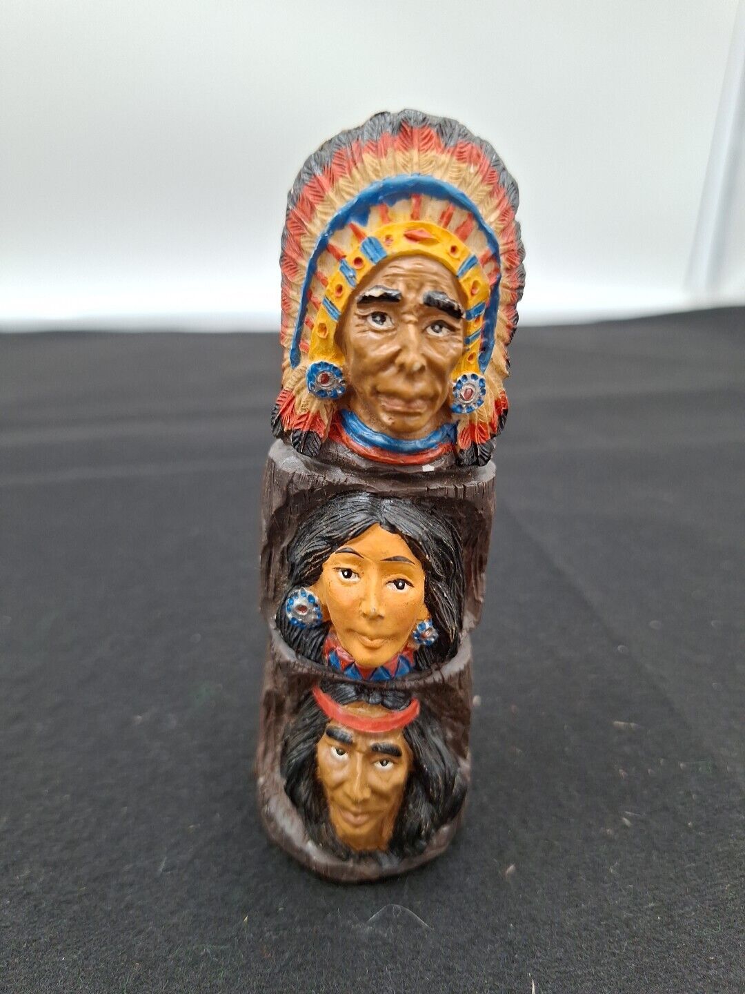 Vintage Native American Indian Totem Pole Resin 3 Faces Heads Chief 5” Figurine
