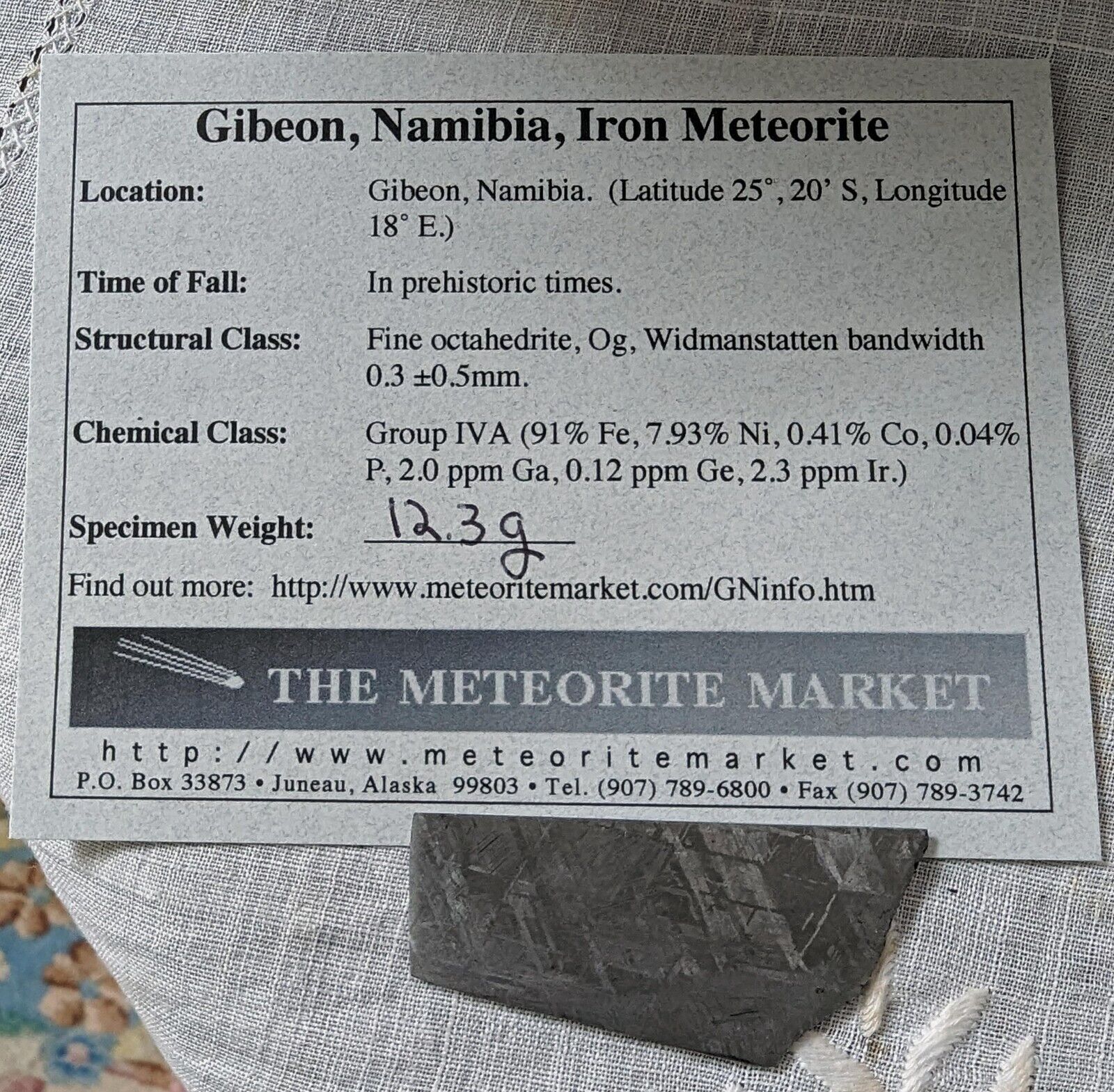 12.3 GM ETCHED GIBEON IRON METEORITE SLICE MUSEUM  GRADE   NAMIBIA AFRICA