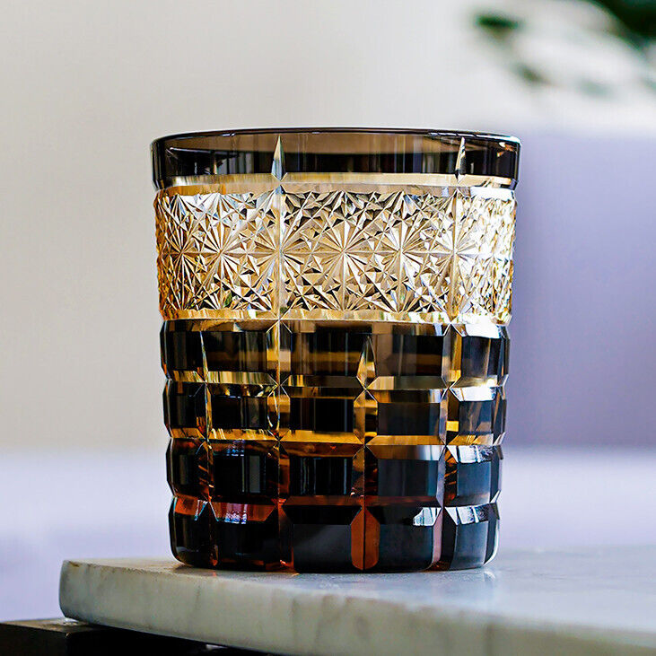 Japanese Style Edo Kiriko Colored Glasses For Whiskey Hand Cut Clear 9oz Black