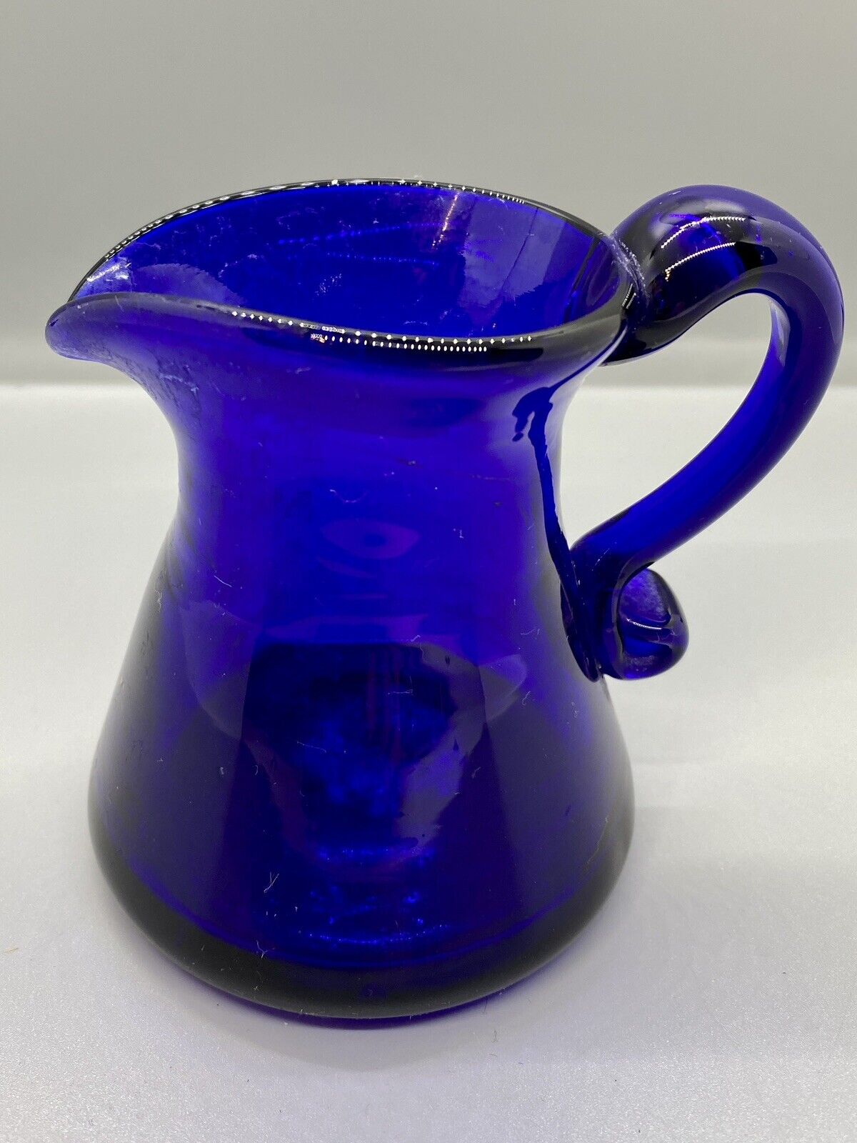 Signed J.W. Shelton Vintage Art Glass Cobalt Blue Handblown Glass Pitcher 3”