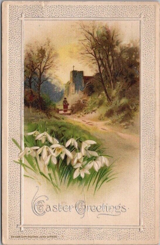 1921 Winsch EASTER GREETINGS Embossed Postcard White Lily Flowers / Church View